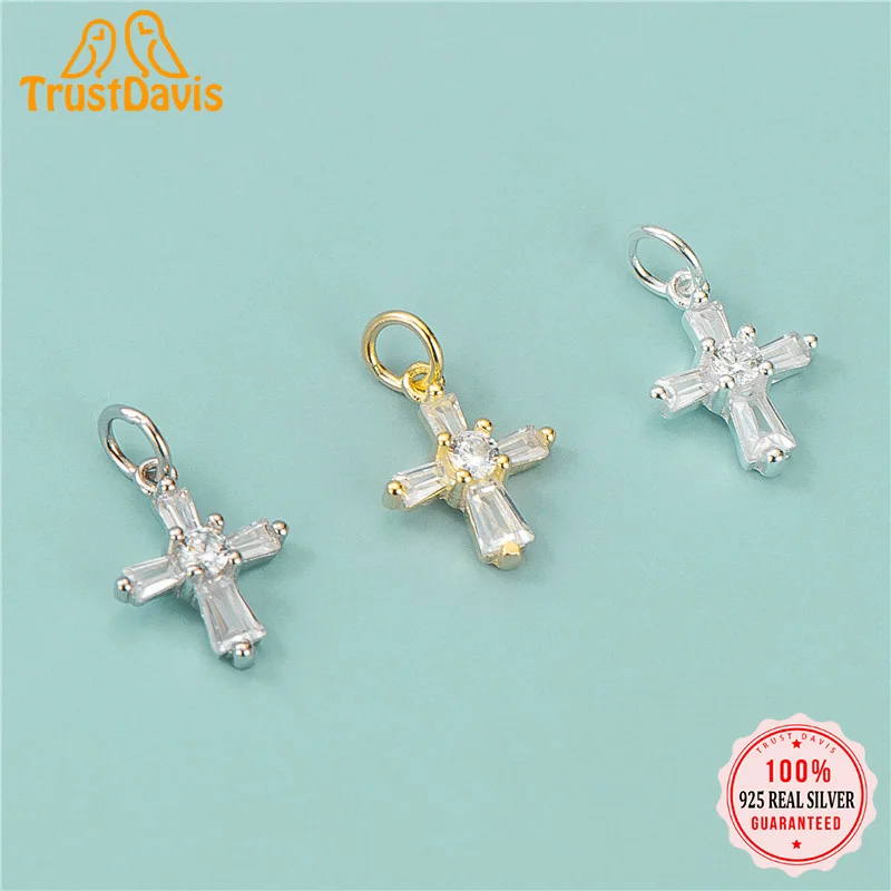 TrustDavis Real 925 Sterling Silver Fashion Sweet Cross CZ Charm Pendant Handmade DIY Accessories Fine Jewelry Wholesale HY343