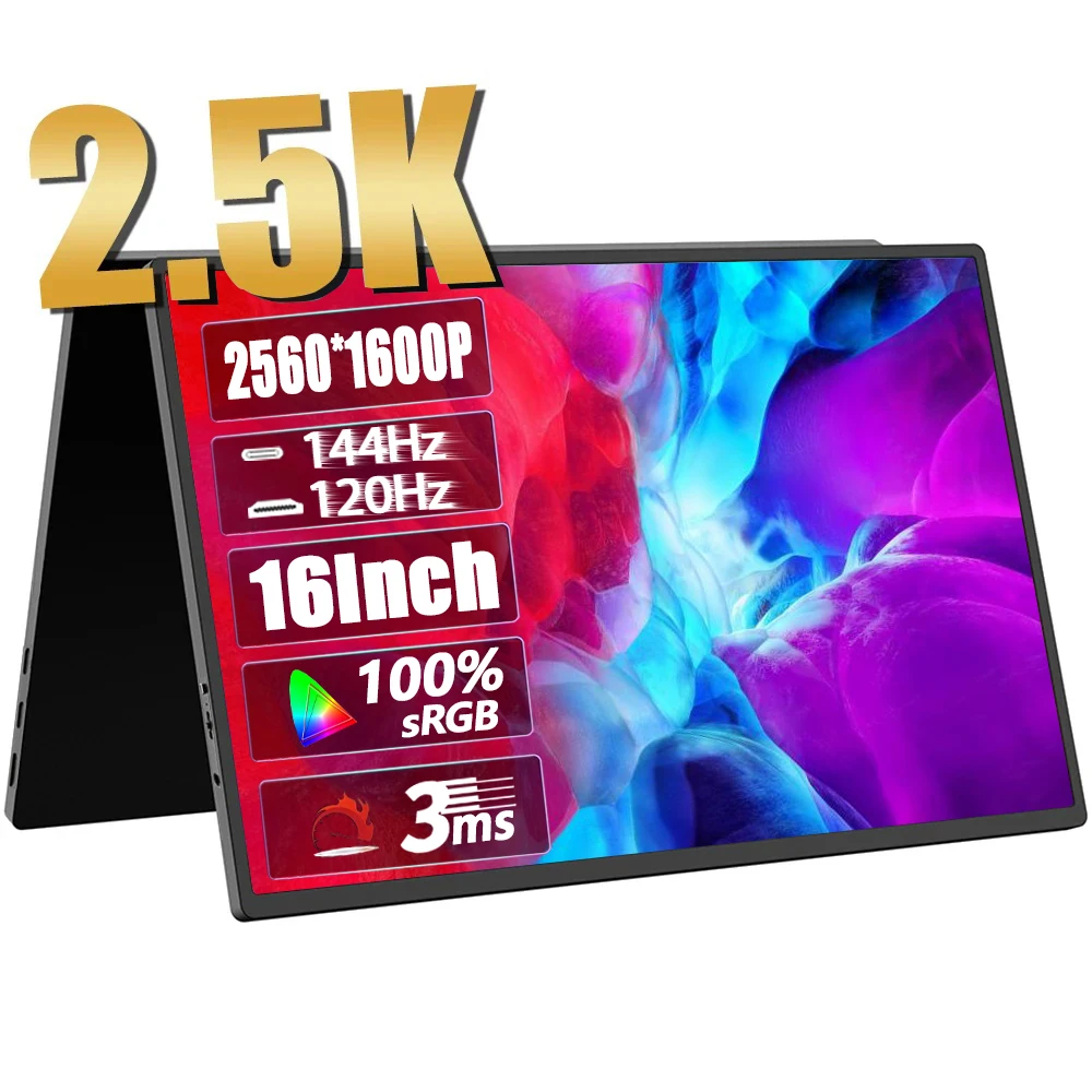 Портативный монитор PORPOISE, 16 дюймов, 2,5 K, 144 Гц, 2560*1600, 16:10, 100% sRGB, КД/м², для путешествий, игровой дисплей для ноутбука, ps4, ps5, Xbox