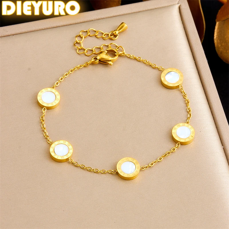 DIEYURO 316L Stainless Steell Simple Roman Numerals Inlaid White Shell Round Bracelet For Women Fashion Hand Chain Jewelry Gift