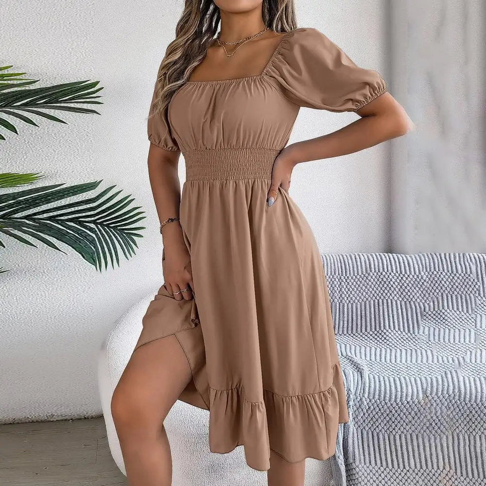 

Women A-line Dress Elegant Square Neck Midi Dress for Women A-line Silhouette with Ruffle Patchwork Detailing for Summer Dating