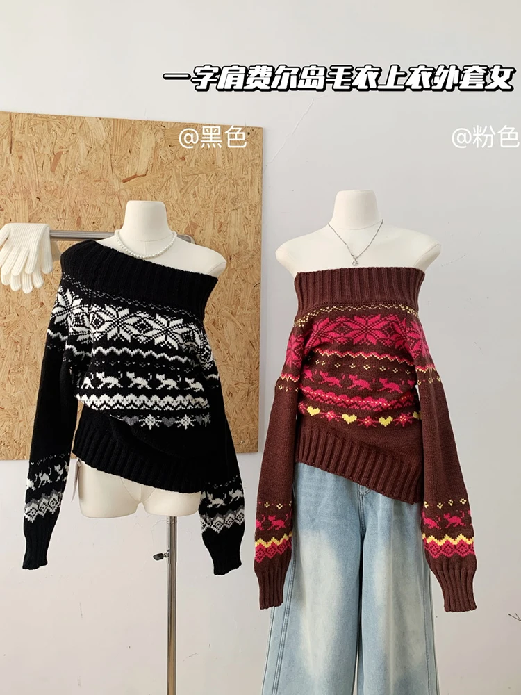 Women Christmas Shoujo Long Sleeve Slash Neck Fair lsle Knitting Sweater Vintage Knitwear 2000s Aesthetic Pullovers Jumper Warm