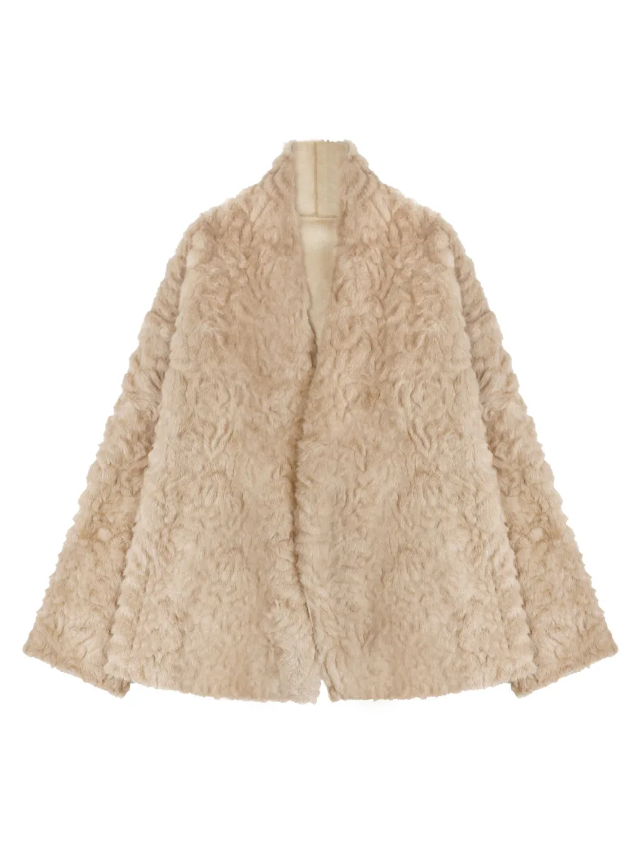 

Экологичный молодежный плащ из шерсти, меха и кожи, однотонный, оверсайз, с длинными рукавами, простой крой