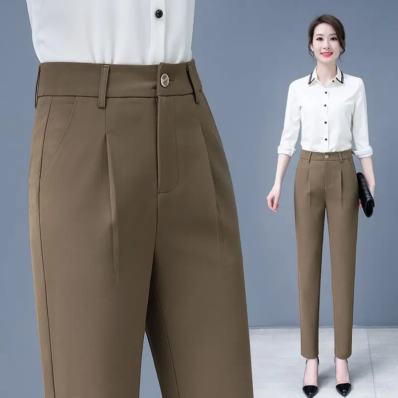 Office Lady Fashion Pencil Pants Korean Style Spring Autumn Women Clothing Solid Casual High Waist Slim Khaki Straight Trousers