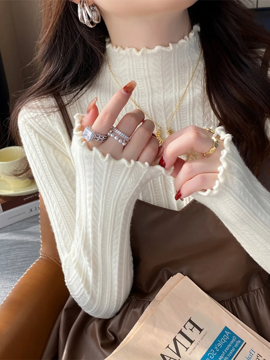 

Women's Knitted Long Sve Base irt f High Collar Winter Warm Inner Wear Sweet Sle Color Sweater Weather Outerwear