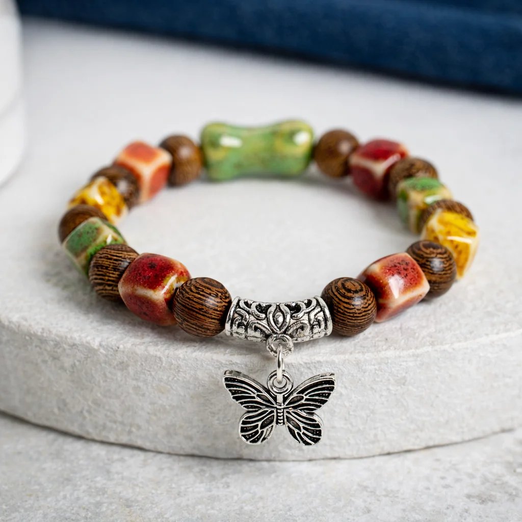 Pulsera de Mariposa con Cuentas de Madera y Cerámica Estilo Boho para Mujer, Joyería Elástica Hecha a Mano para Etsy AmazonS03-295