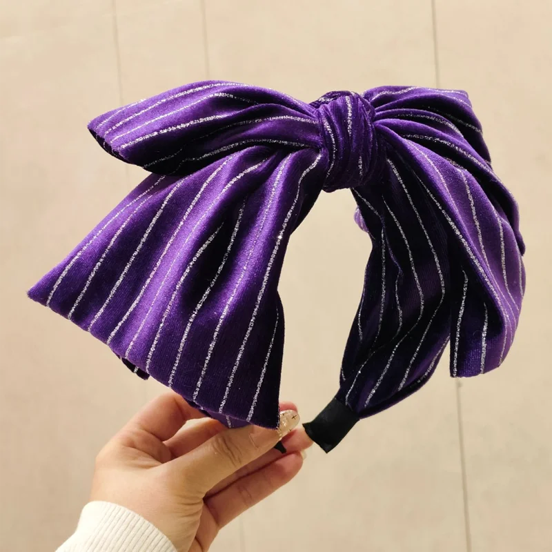 

Vintage Purple Gold Velvet Sliver Striped Headbands Banquet Multi Layer Bow Tie Hair Hoop Women Braid Headwear Accessories