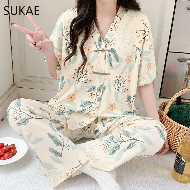 SUKAE Women Pajamas Set Summer Faux Cotton Sleepwear for Girl Leisure New Chinese Style V-neck Lady Pijama Chic Floral Nightwear