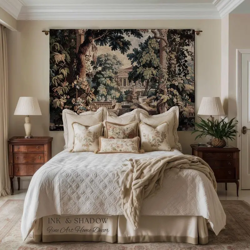 VIKAMA Vintage Palace Manor Garden Tapestry Victorian Estate Wall Hanging Linen Art for Luxury Home Decor