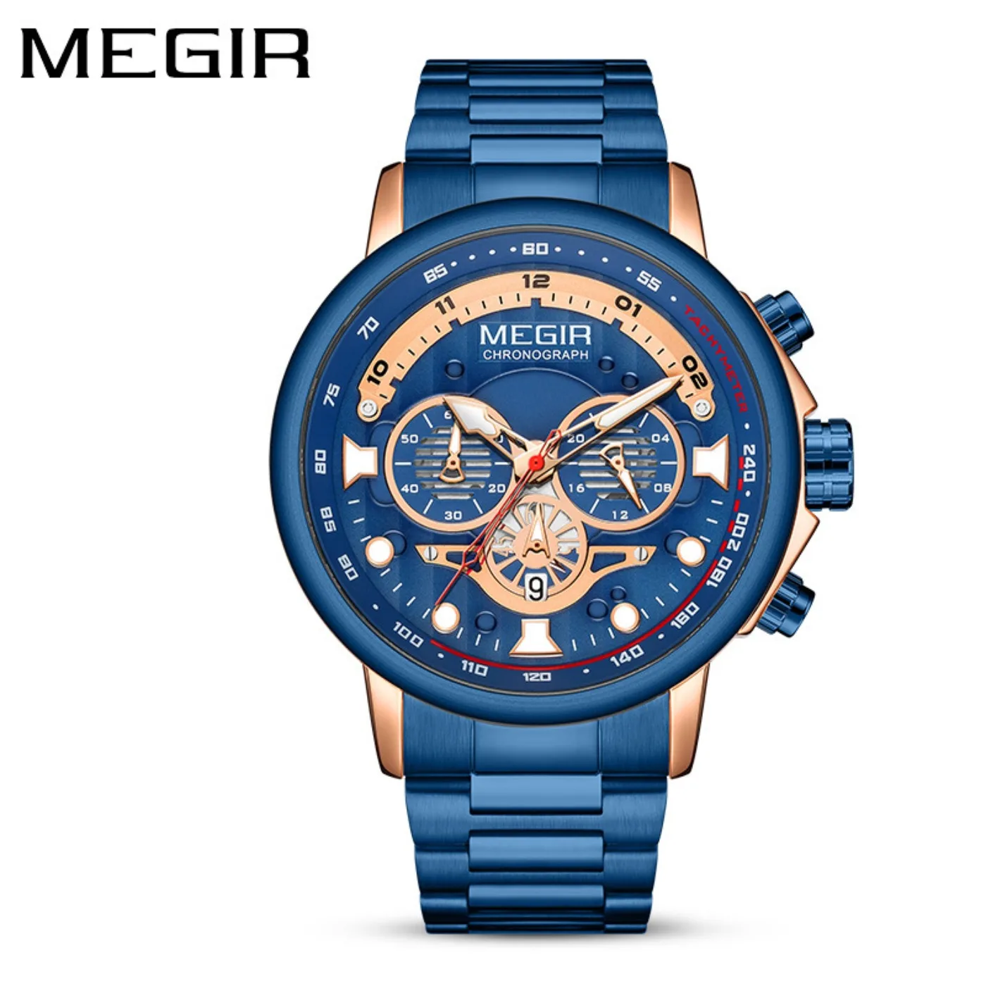 

MEGIR Gold Green Quartz Watch for Men Fashion Stainless Steel Chronograph Luminous Wristwatch with Auto Date 24-hour Waterproof