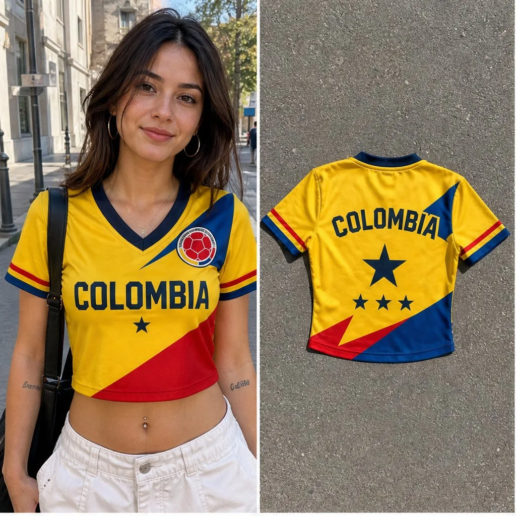 Womens Colombia V Neck Short Sleeve Crop Top Star Crest Sport Graphic Casual Summer Shirt for Street Travel Festival Daily Looks