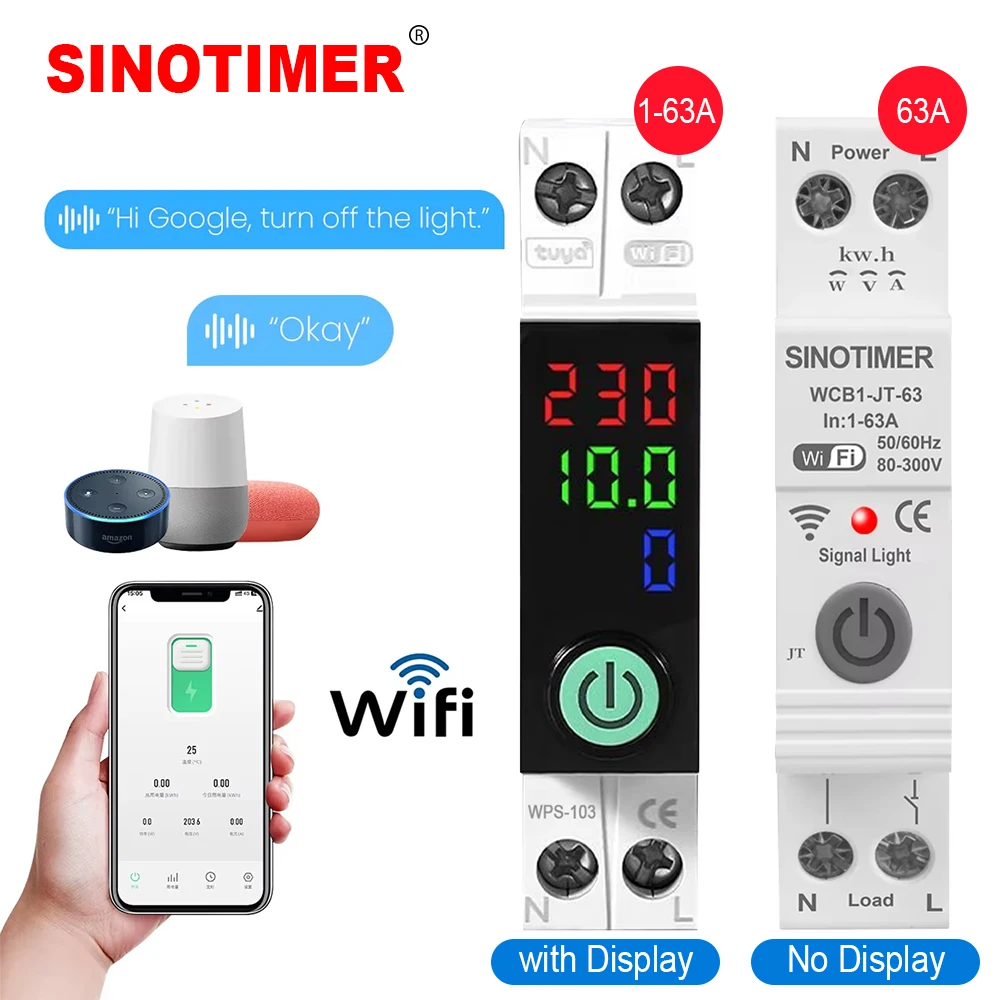WiFi Smart Tuya 220V Voltage Protector 1P 63A Timer Power Energy kWh Current Meter Voice Remote Control Switch Circuit Breakers