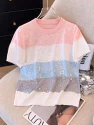 Shiny Knit Sweater Women T-shirt Pullovers Stylish Elegant Fashion Chic Tees Tops 2024 Summer Short Sleeve Knitwear