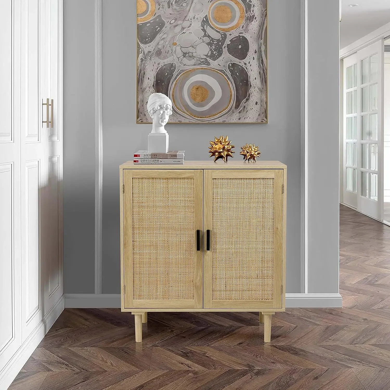 Sideboard Buffet Kitchen Storage Cabinet with Rattan Decorated Doors, Dining Room, Hallway, Cupboard Console Table