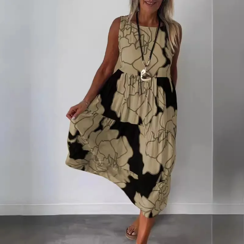 Abito longuette Boho Abito lungo estivo con stampa floreale Donna O Collo Abiti da festa senza maniche per donna Abiti eleganti a trapezio Vestido