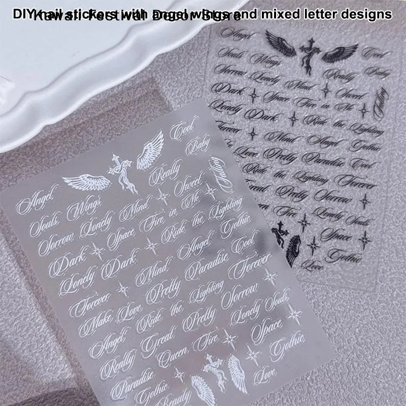 【K】Black White Letter Words Nail Stickers Angel Wings Letter Mixed Designs Holographic Punk Y2K Nail DIY Decorative Stickers