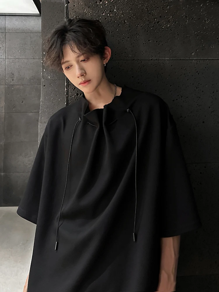 Ice Silk Half Sleeve T-Shirt with Drawstring Shoulder Men's Summer Breathable Short Sleeve round Neck T-Shirt Creative Fun Print