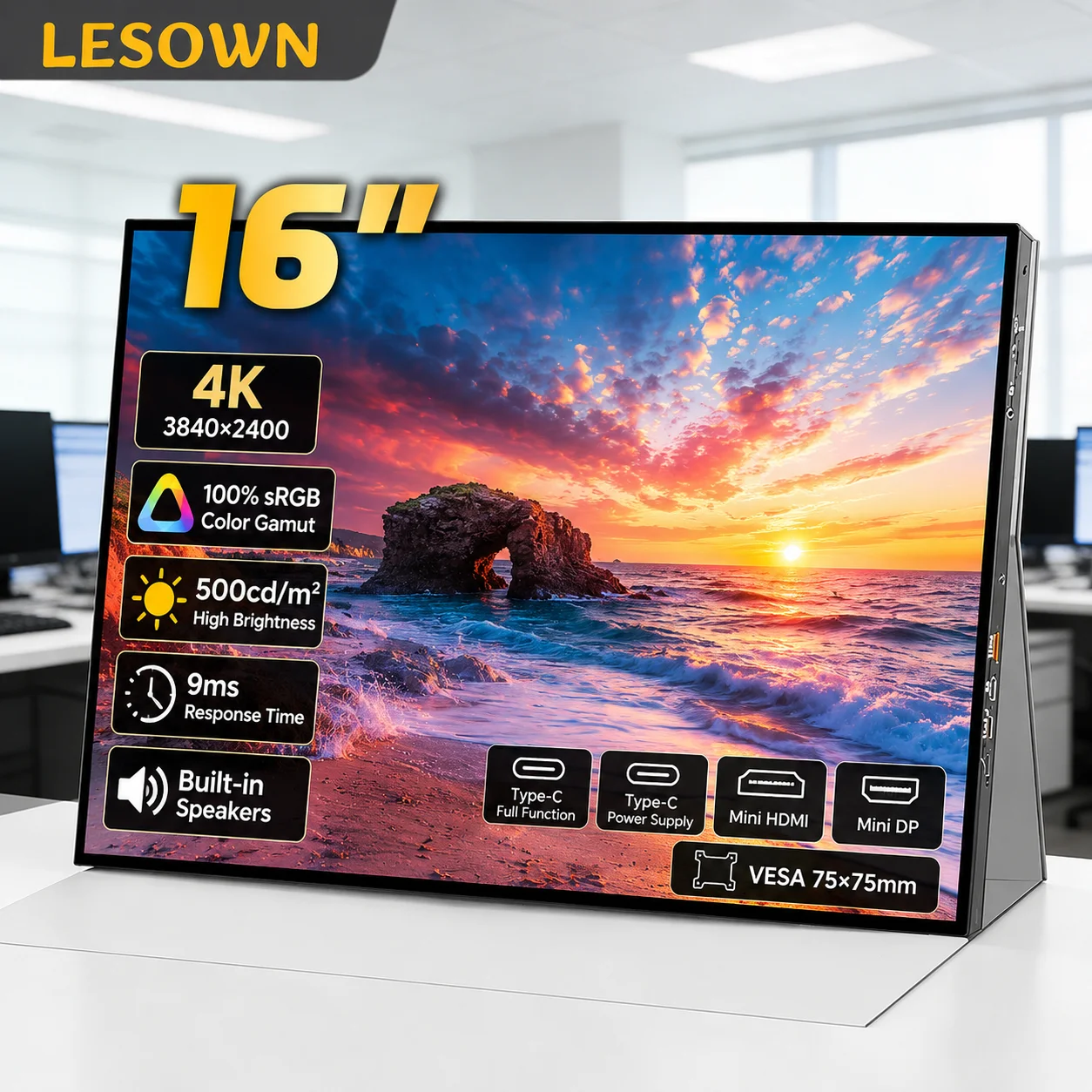 LESOWN High-Definition 4K Portable LCD Screen 16 Inch 60Hz 16:10 Panel for Detail-Oriented Graphic Design Workflow