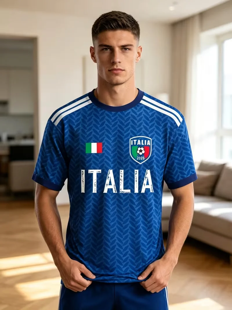 Men's ITALIA Football Jersey, Short Sleeve Breathable Sport Soccer T‑Shirt, Casual Streetwear For Sports Training Fan Match Tops