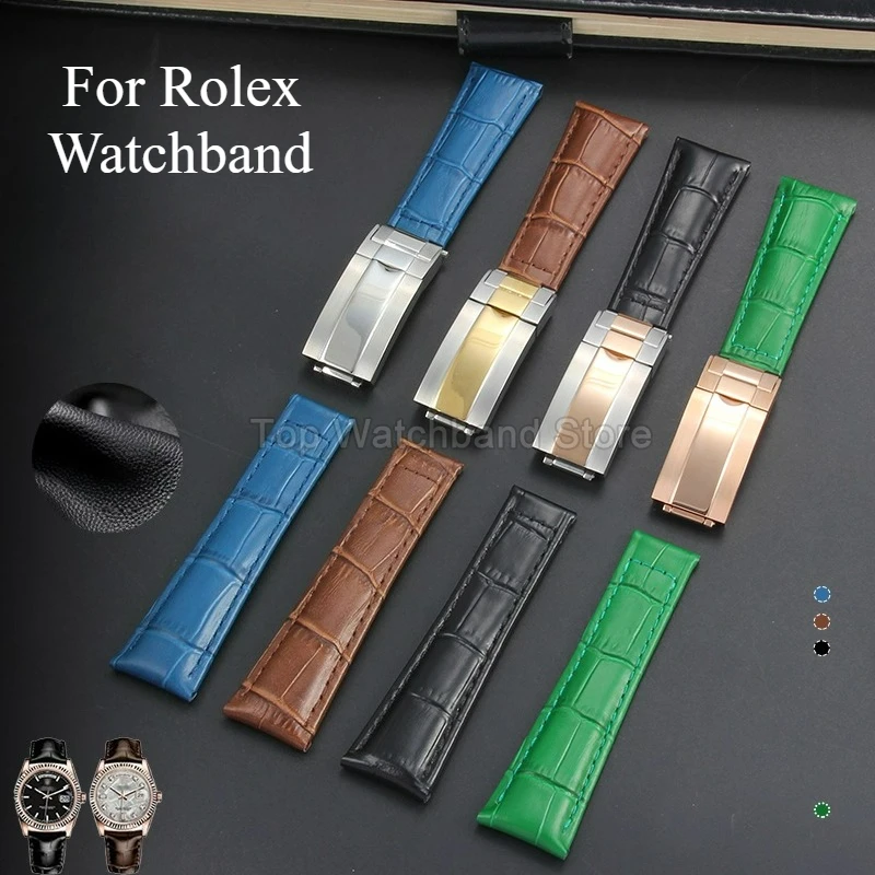 For Rolex Black Green Submariner Watchband 20mm Genuine Leather Strap for Yacht-Master Datejust Daytona Black Brown Blue Green