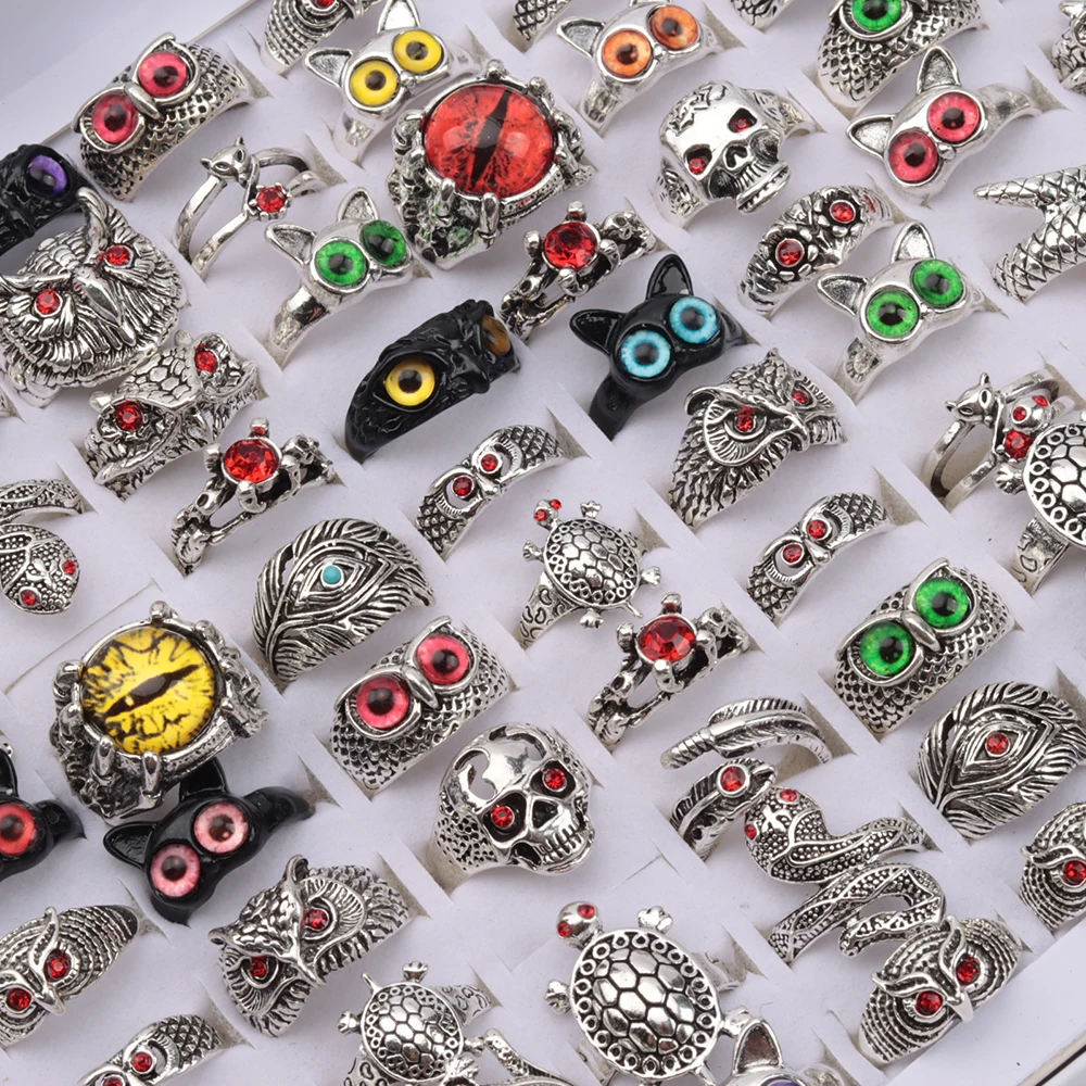 20Pcs/Lot Vintage Punk Snake Dragon Animal/Skull/Owl Eye Adjustable Rings for Men and Woman Mixed Open Hip Hop Gothic Party Gift