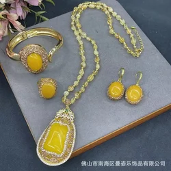 New second-generation beeswax natural citrine four-piece jewelry original design personalized necklace set factory direct sales