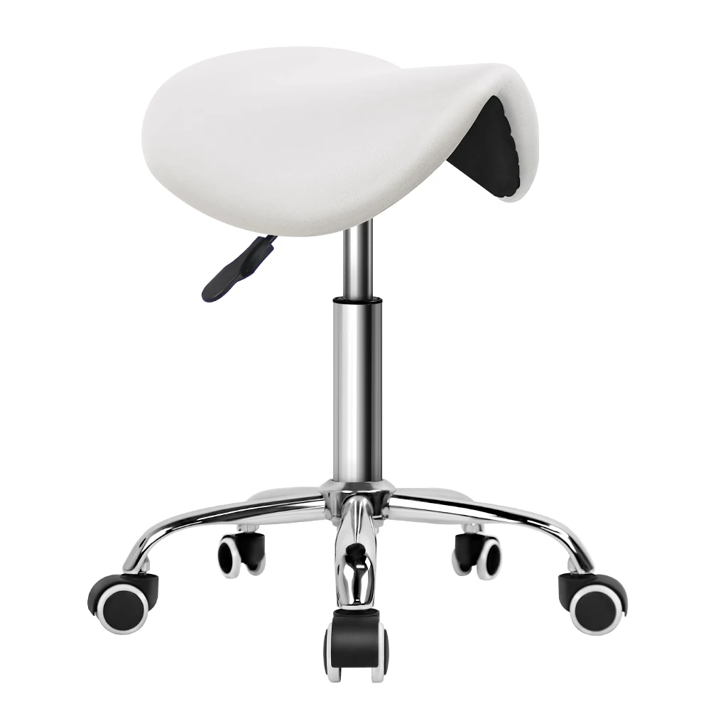 KKTONER Rolling Saddle Stool PU Leather Swivel Adjustable Rolling Stool with Wheels Salon Chair White