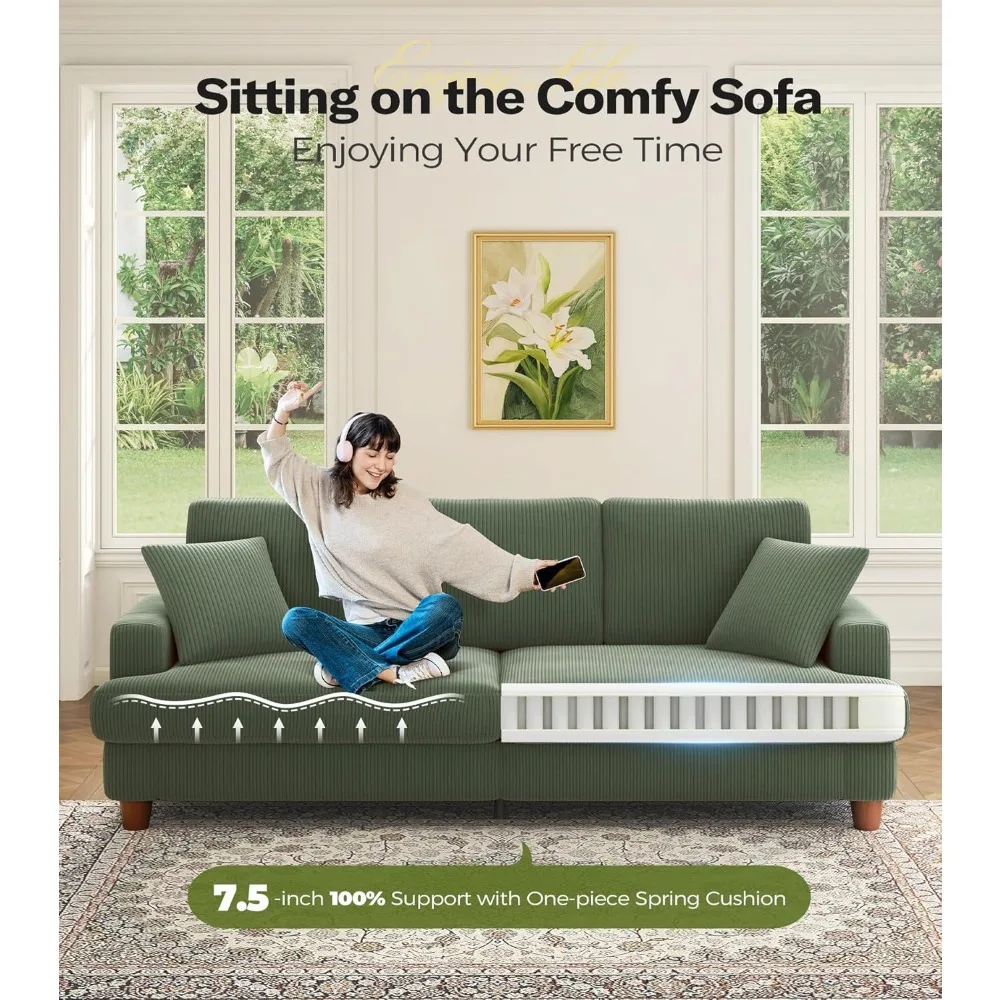 "Sofá verde de 87 polegadas com assentos profundos de 21 polegadas: móveis de sala de veludo cotelê confortáveis para fácil montagem"