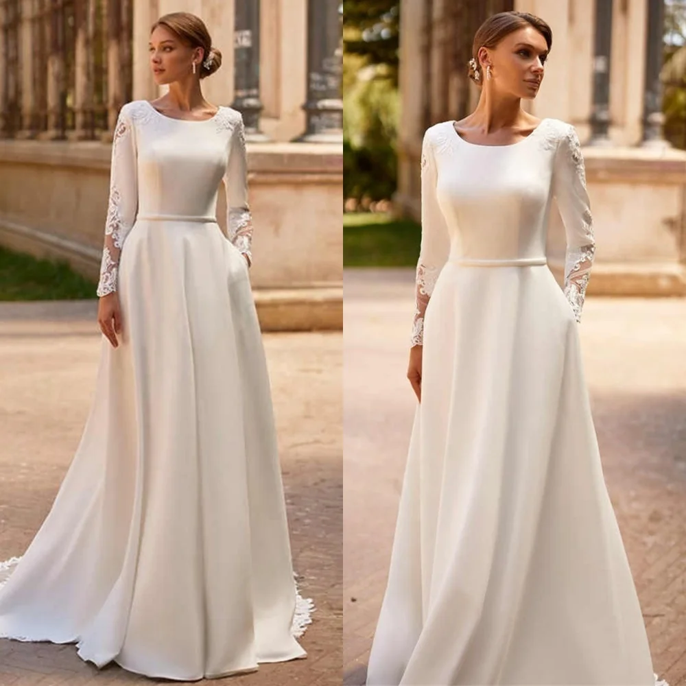 Customized  White Jersey Applique A-line  O-Neck Long Dresses Exquisite Luxury Temperament  Charming Romantic Wedding Dress