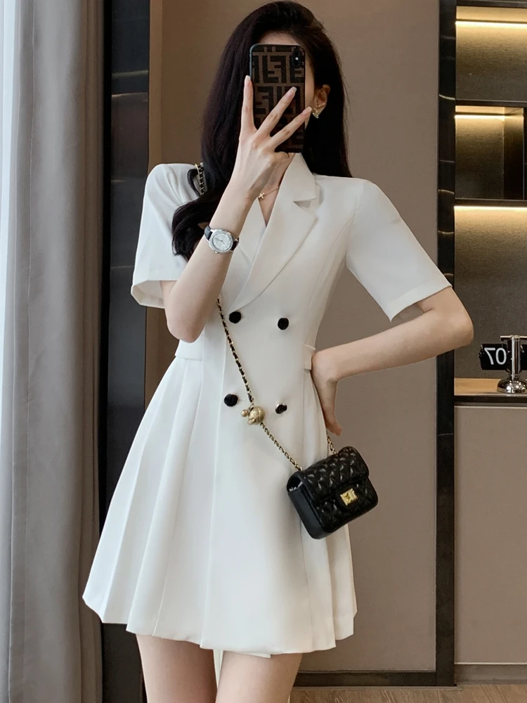 

White Suit Dress Women Summer Short Sleeve High Waist Ladylike Goddess Style Professional Skirt Commute Style Polyester Blend