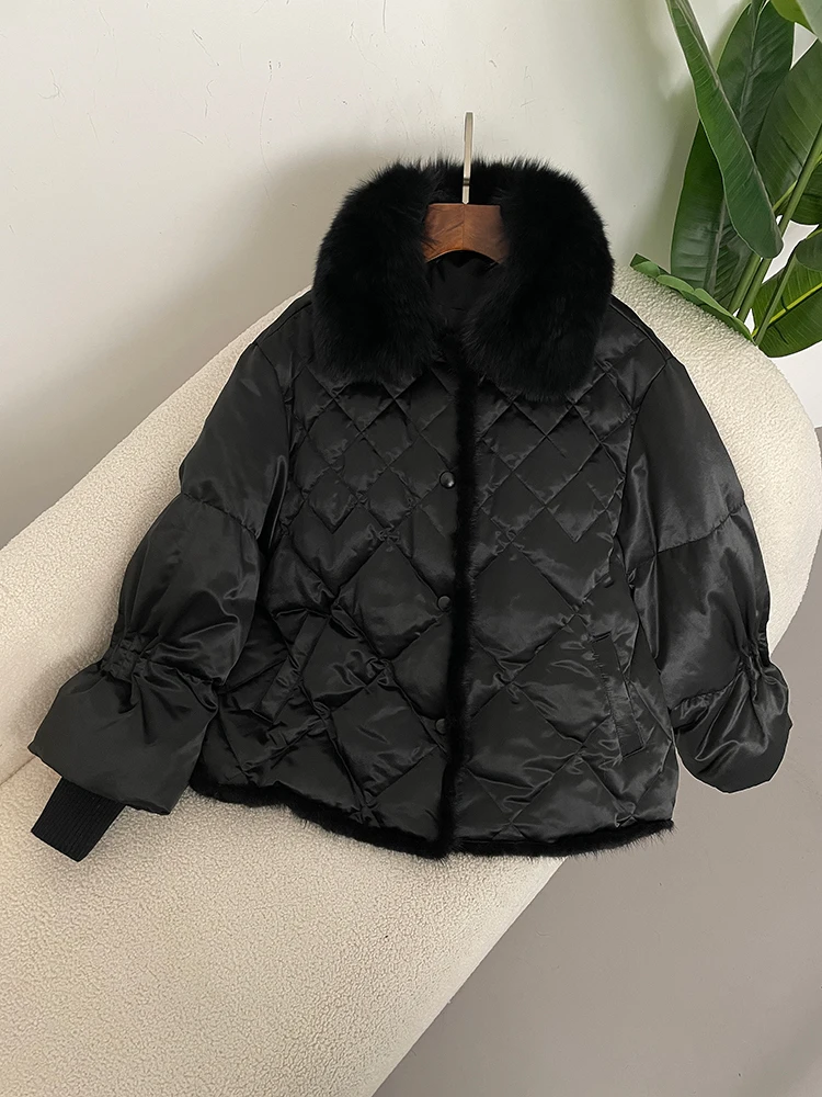 2025 المرأة الشتاء 90% الأبيض بطة أسفل معطف الثعلب الفراء طوق المنك أسفل سترة قصيرة فضفاضة عادية سميكة معاطف دافئة #4