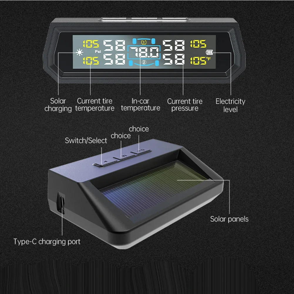 

Беспроводная TPMS с питанием от солнечной батареи/USB и 4-сенсорами, система контроля давления в шинах, IPX7, водонепроницаемая для грузовиков, седана, внедорожников
