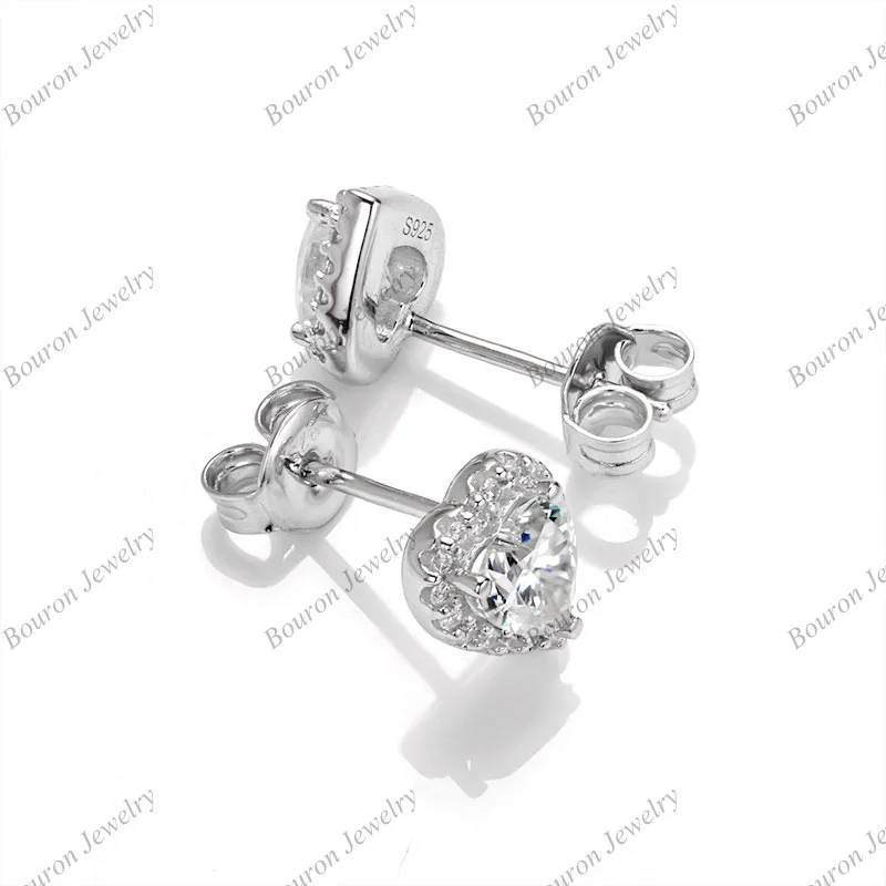 S925 Stud Earring Heart Moissanite Gemstone Earring 925 Sterling Silver Jewelry Bouron 6.5x6.5mm