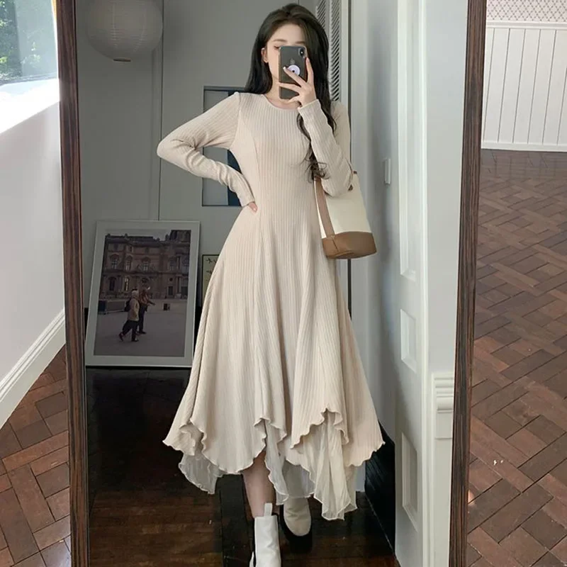 2025 New High Quality Knitted Dress for Women Korean Fashion Mesh Patchwork Dresses Woman Elegant Irregular Long Sleeve Dress