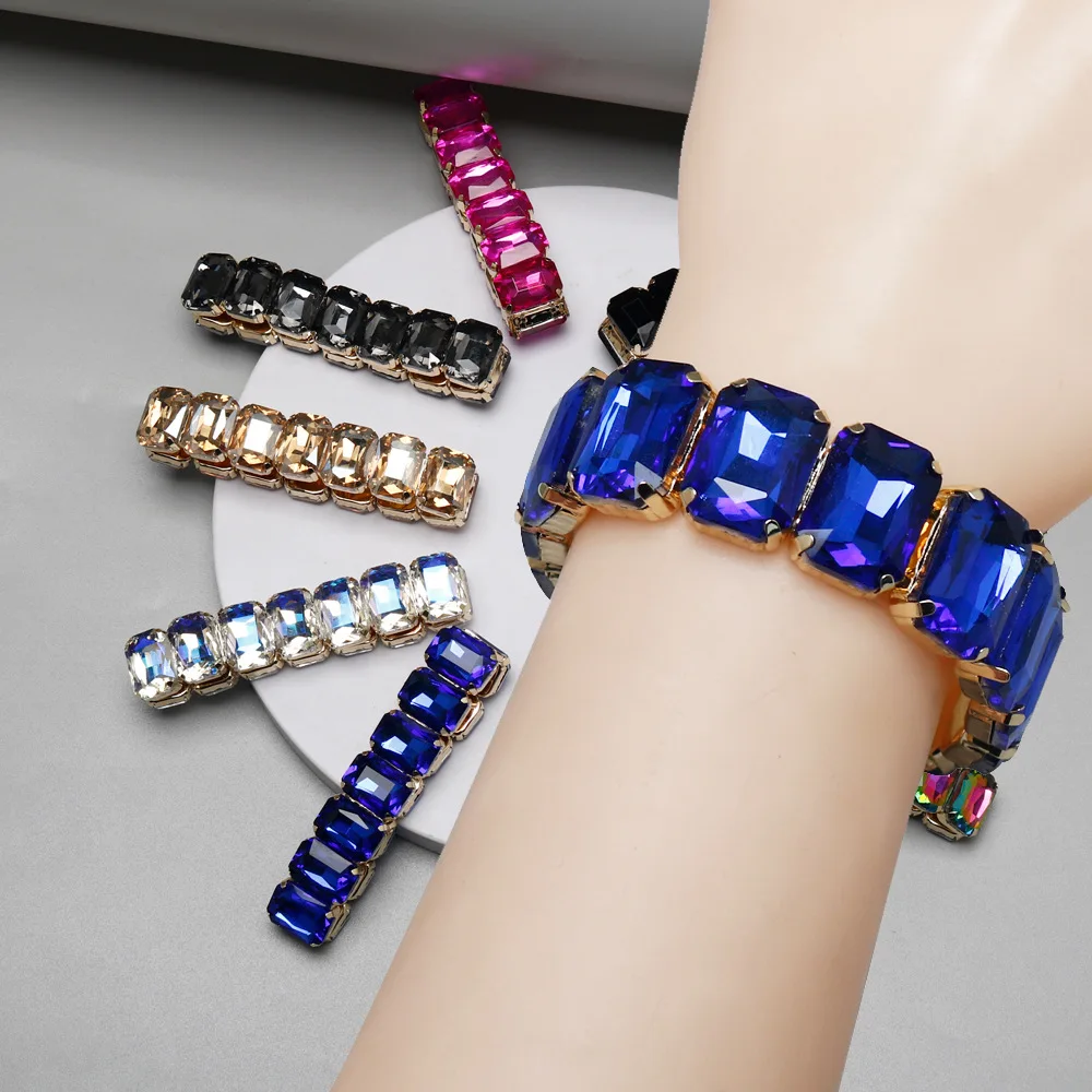 Shattered Star Dome Railway Sand Gold Bracelet Multi color Rectangular Glass Crystal Diamond Elastic Bracelet Hip Hop Jewelry