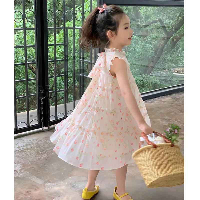 2-8 Years New Summer Princess Girls Dress Full Print Little Flower Lightweight And Comfortable Design Party Dress For Kids