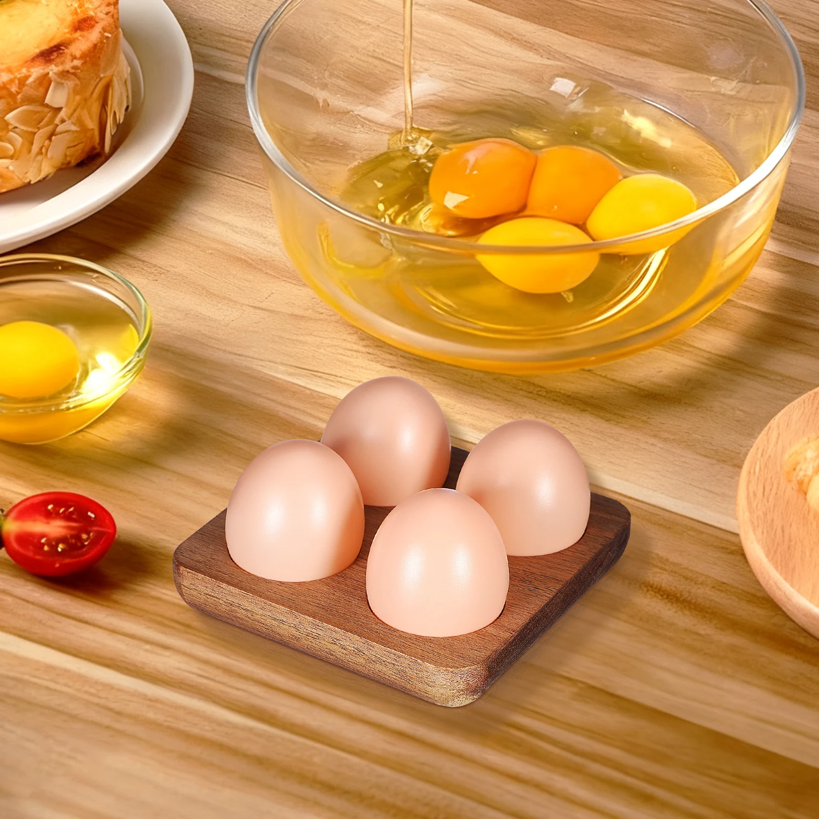 

4 Slots Wooden Egg Tray Holder For Kitchen Countertop Refrigerator Storage Acacia Wood Fresh Eggs Display Stand Organizer Rack