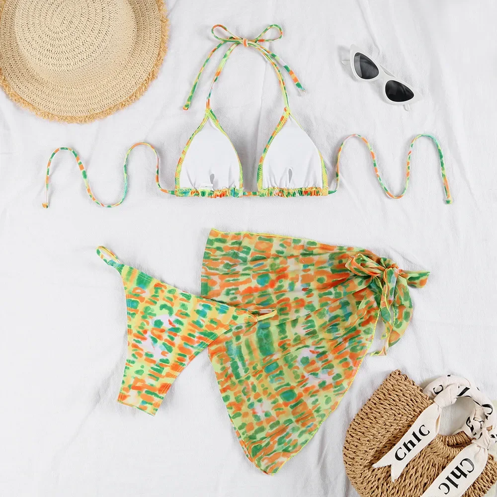 Sexy impressão halter tie bikinis conjuntos 3 pçs com capa de malha saia maiô maiô praia outfits biquini tankini