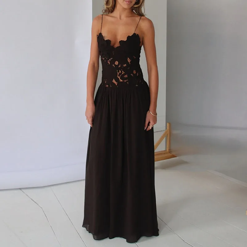Casual kanten patchwork strandjurk Dame sexy laag uitgesneden feestjurk met V-hals Lente zomer mouwloze jarretel chiffon lange jurk
