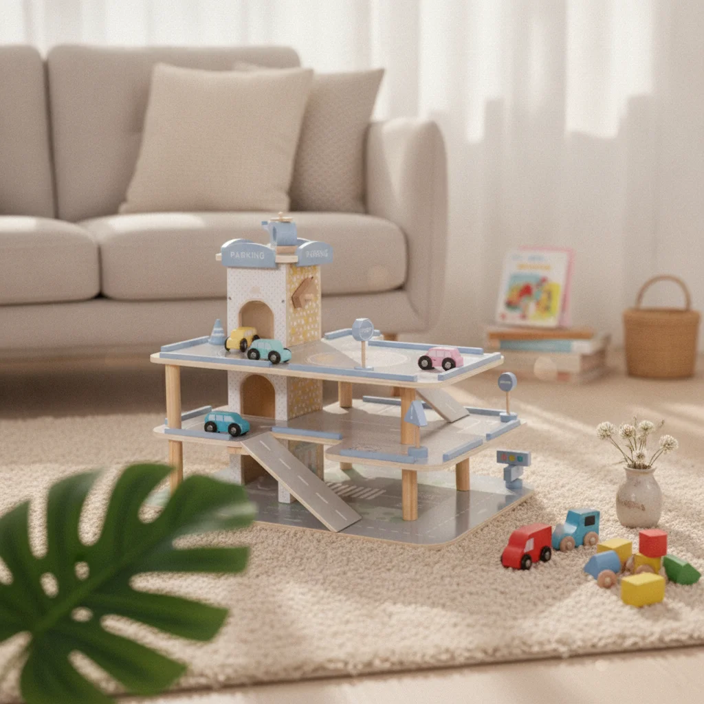 Wooden Toy Car Garage with Sloped Ramps Parking Garage Playset for Kids Early Development Fun