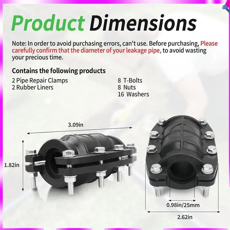 N96R 1Inch Pipe Repair Clamp,Emergency Pipe Repair Kit For Plastic & Metal Pipes (24Mm-26Mm) 2Pack