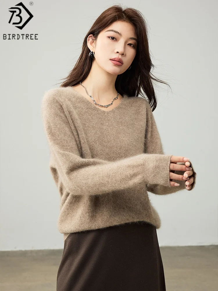 

Birdtree, вязаный пушистый свитер из 100% овечьей шерсти, женский пуловер с v-образным вырезом и длинными рукавами, осень 202, теплая нижняя рубашка, пуловер T59412JF