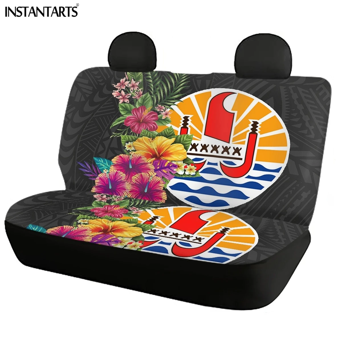 INSTANTARTS Tahiti Polynesian Plumeria Hibiscus Printed  Set of 4 Vehicle Seat Covers Non-skid Front and Back Car Seat Cushion