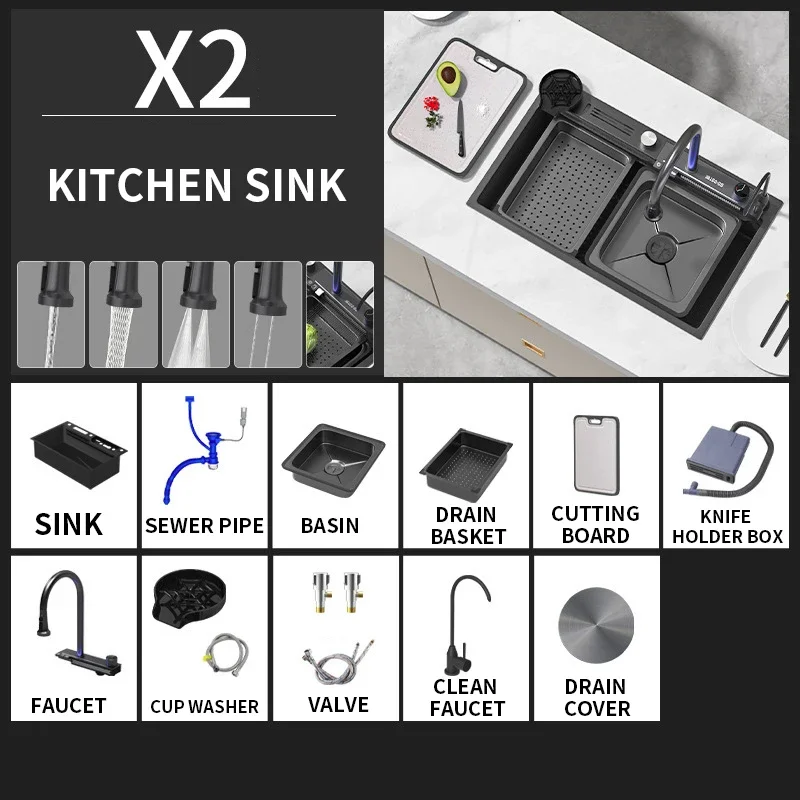 

Kitchen household large single-sink waterfall faucet sink sink honeycomb embossed button sink set