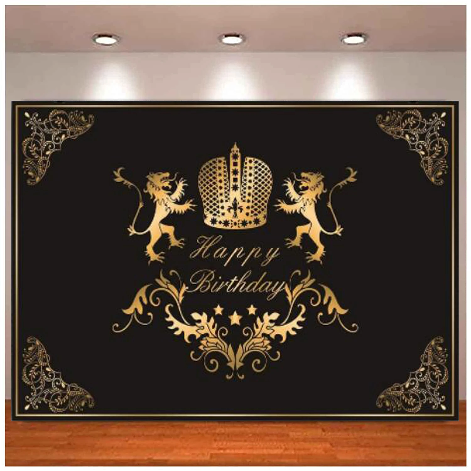 

Photography Backdrop Black Gold Banner Crown Lion Background Birthday Party Decoration Supplies For Men Bday Photo Poster