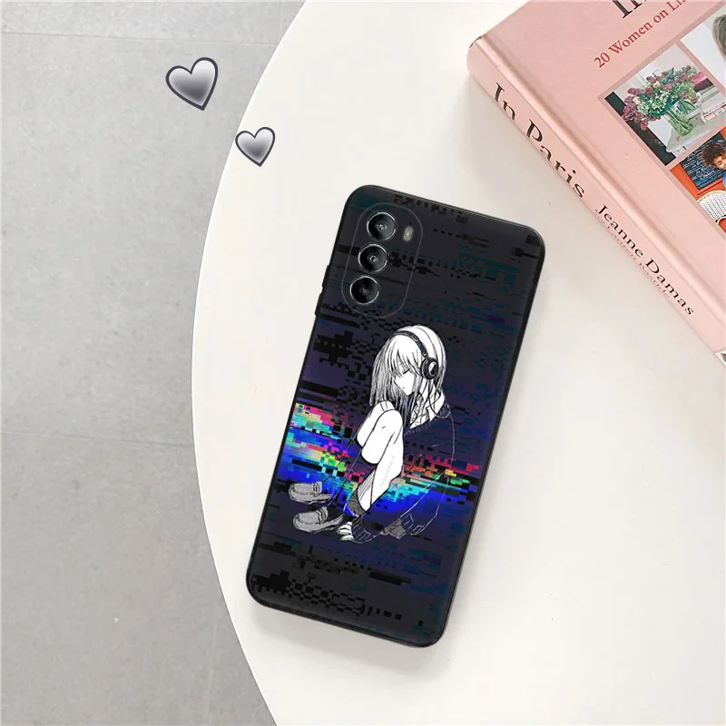 Phone Case For Motorola G50 G51 G30 G31 G60 G71 G22 G60S G32 G52 G72 G73 G53 G9 Vaporwave Girl Anime Black Soft Anti-Drop Cover