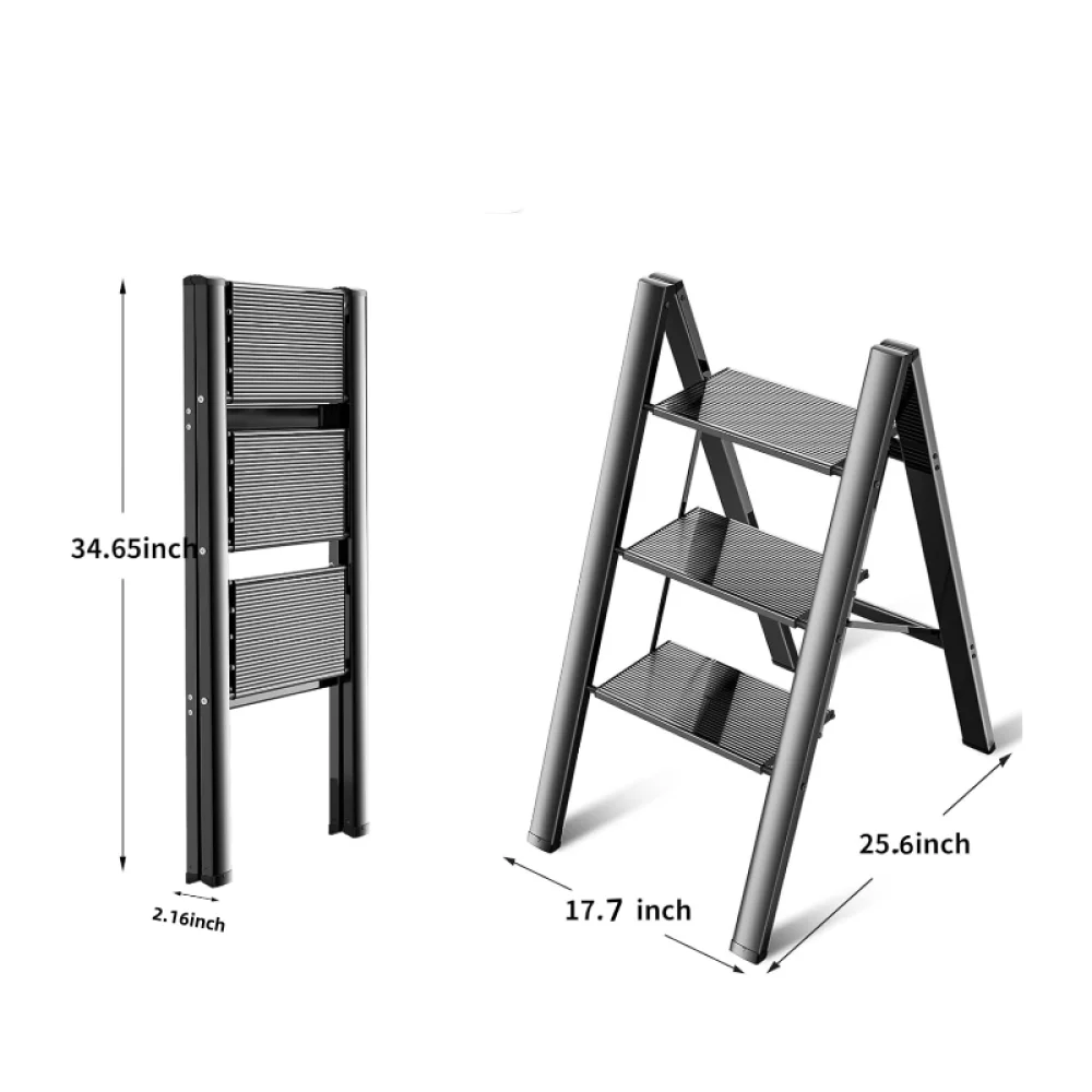 3 Step Ladder Aluminum Light Folding Step Stool with Wide Anti-Slip Pedal, Convenient Handrail, Home Office Portable Step Stool