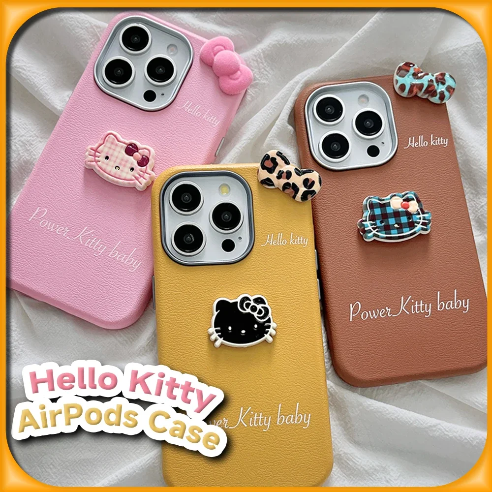 Funda Kawaii Hello Kitty de estilo Simple para IPhone 16, 15, 14, 13, 12 Pro Max, funda protectora de Anime Sanrio con accesorios de pajarita 3D