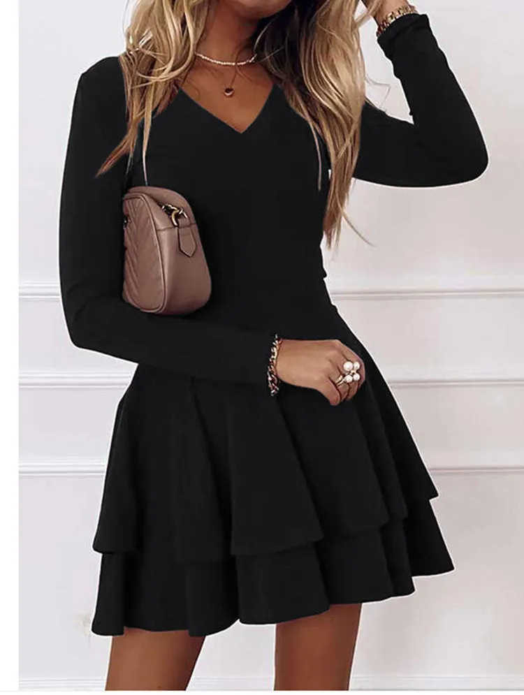 새로운 패션 허리 러플 드레스 여성 가을 우아하고 섹시한 단색 브이넥 홈 미니 드레스