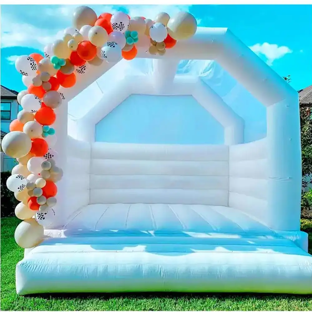 Happy Time สีขาว Inflatable Bouncer Moon Bounce House Bouncing Jumper ปราสาท Bouncy สำหรับเด็กผู้ใหญ่งานแต่งงานอุปกรณ์จัดงานปาร์ตี้