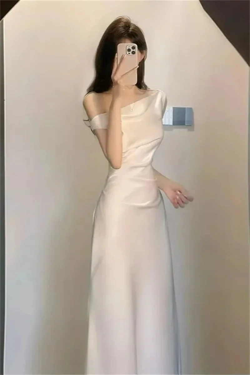 French Temperament High-end Feeling Swinging Collar Sloping Shoulder Dress Waist Bag Buttocks Vinegar Satin Summer Long Skirt